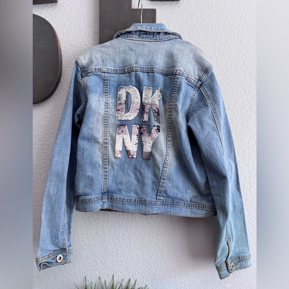 GIRLS YL DKNY DENIM STRETCH SEQUIN HEART JACKET